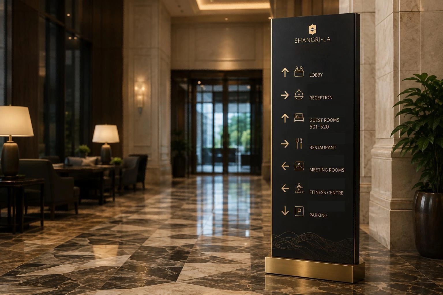 Hotel lobby wayfinding signage and directional sign system